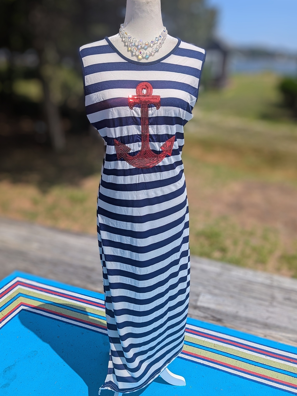 Navy & White Striped Maxi Dress with Red Sequin Anchor